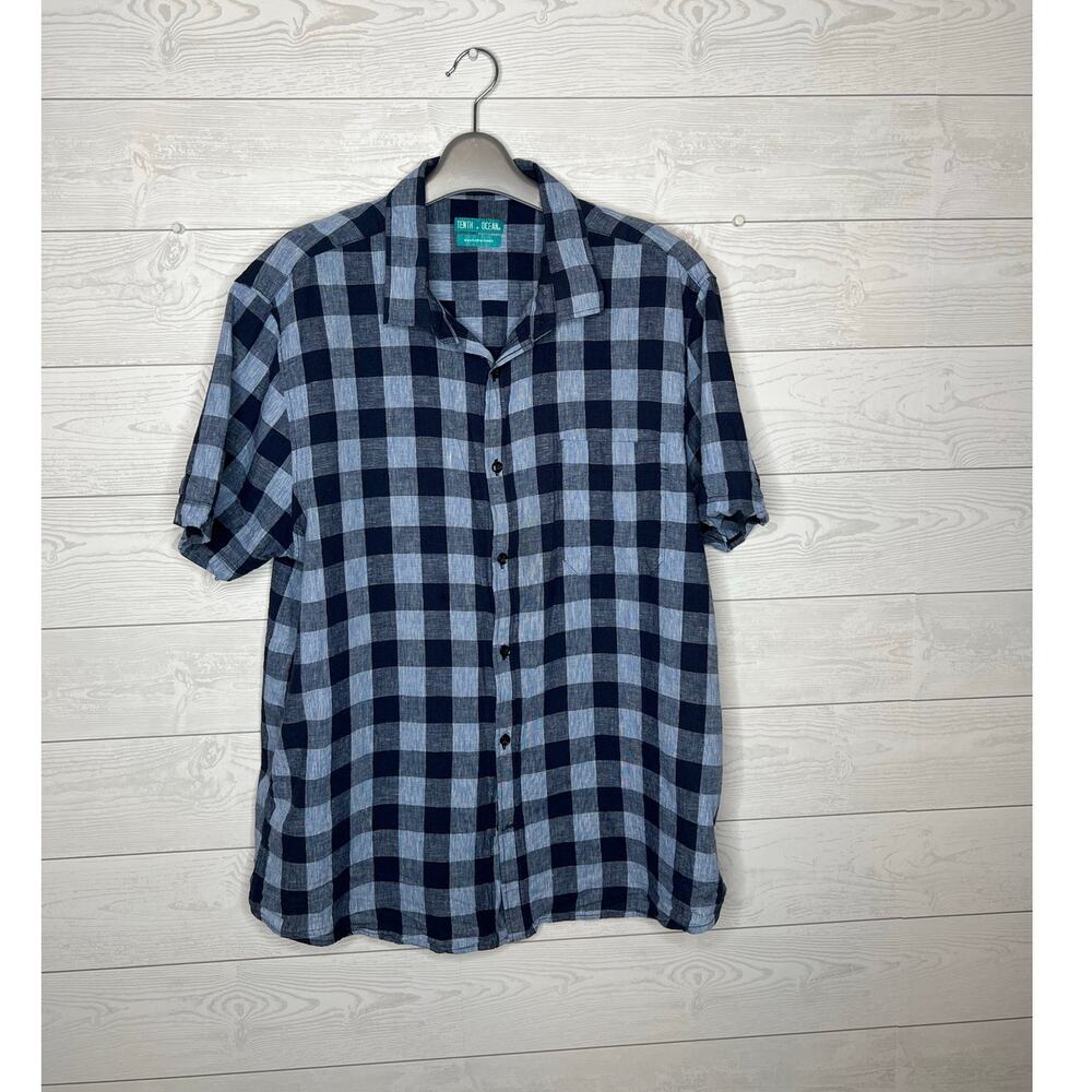 Tenth+Ocean Men's blue plaid linen blend casual button down shirt Size XL